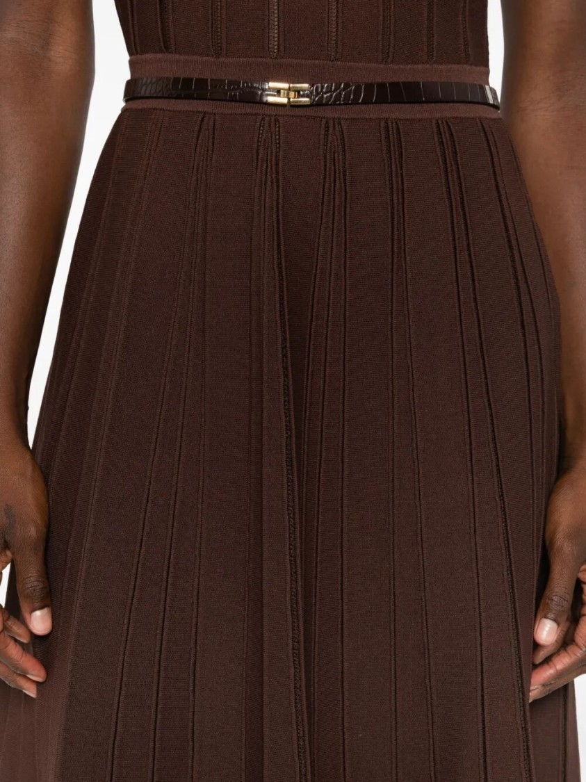 Elisabetta Franchi Ribbed Turtleneck Belted Maxi Dress In Brown