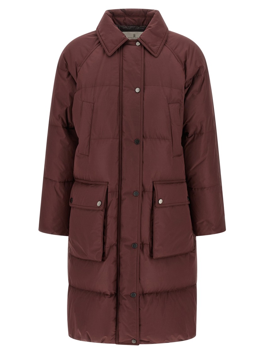 Brunello Cucinelli Shiny Zipper Pull Puffer Jackets Bordeaux In Gray