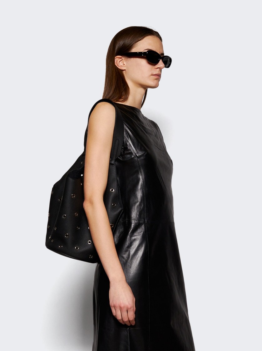Khaite Lotus Small Tote Black Pebbled Leather With Grommets In Black