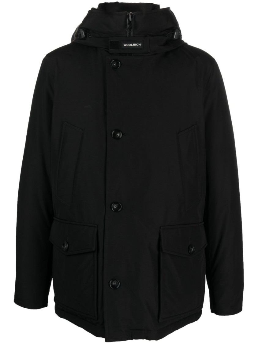Woolrich Padded Jet Black Parka With Logo Print And Drawstring Hood In Black