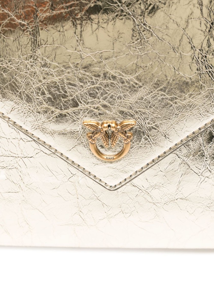 Pinko Gold-tone Metallic Leather Flap Wallet With Chain Strap In Neutral