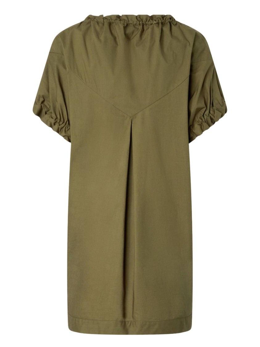 PINKO PINKO SHORT GREEN COTTON POPLIN TUNIC DRESS WITH DRAWSTRINGS