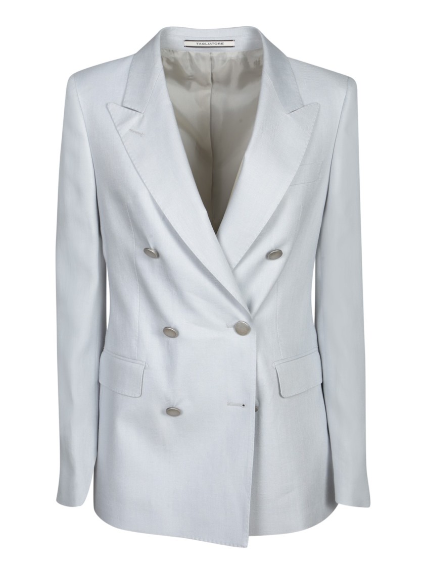 TAGLIATORE TAGLIATORE DOUBLE-BREASTED PEARL GREY LINEN JACKET WITH TAILORED CUT