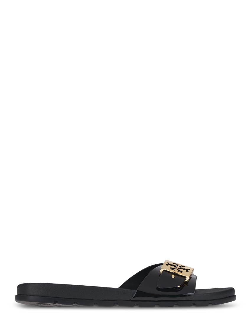 Tory Burch Prominent Buckle Slide Sandals In Smooth Leather In Black