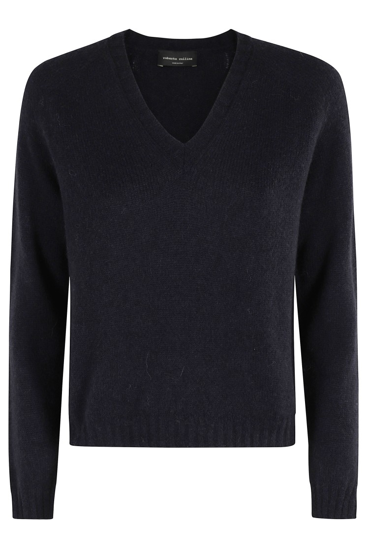 Roberto Collina Long-sleeve Navy V-neck Knit Sweater In Blue