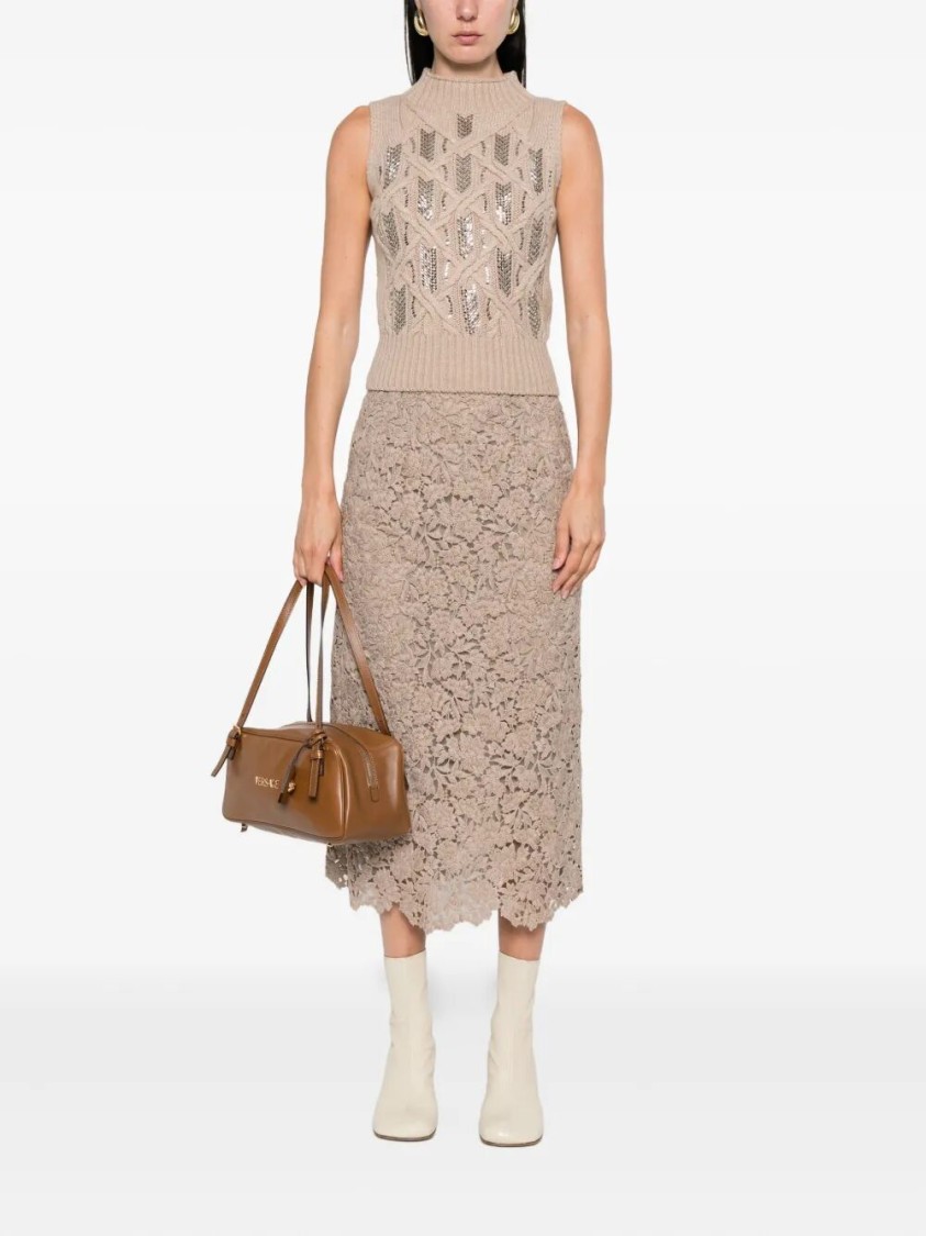 Ermanno Scervino Delicate Floral Lace Midi Skirt In Brown