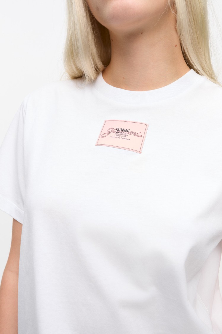 Ganni Relaxed-fit White Jersey T-shirt With Graphic Print In White