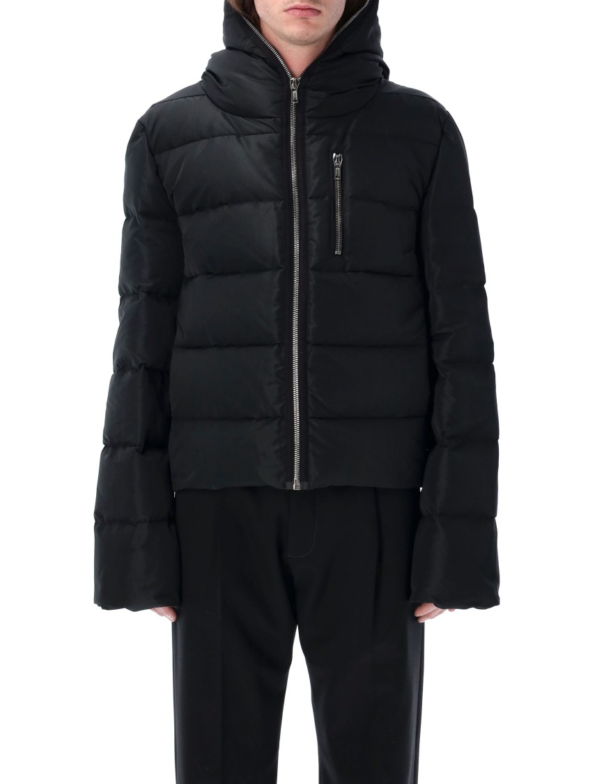 Rick Owens Black Cropped Hooded Down Jacket With Zip In Tech Fabric Man In Black