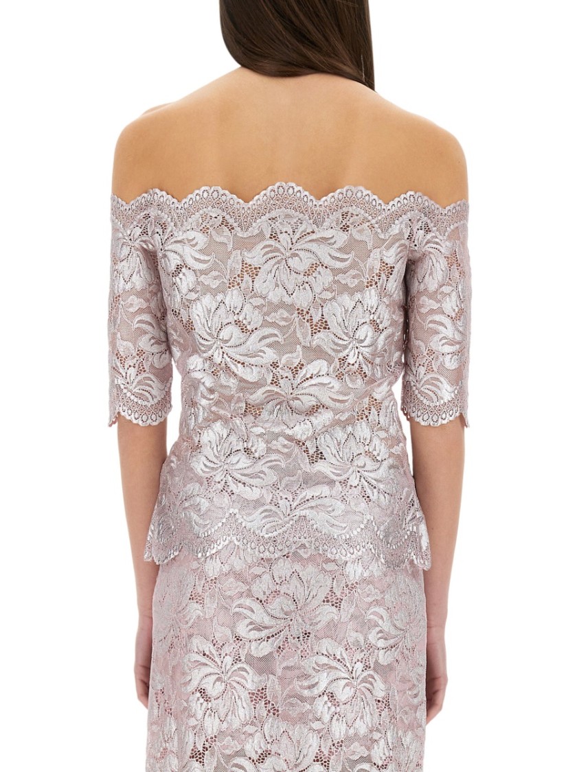 Rabanne Off-the-shoulder Lace Top With Floral Patterns In Pink