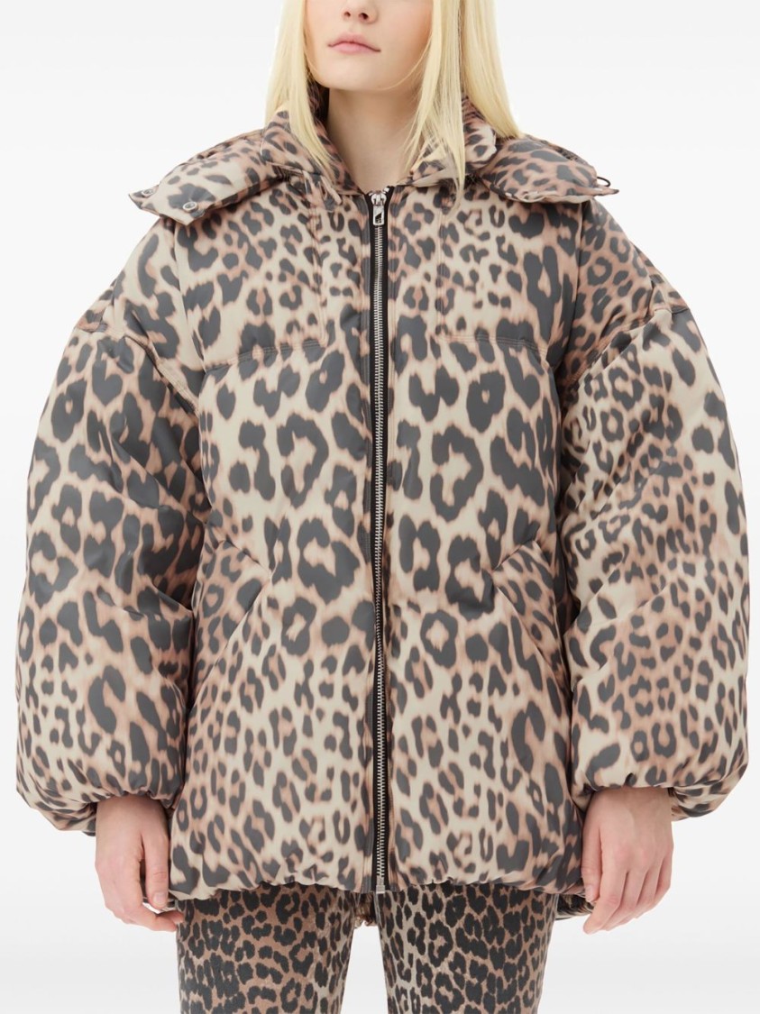 Ganni Leopard Print Coat With Oversized Silhouette In Brown