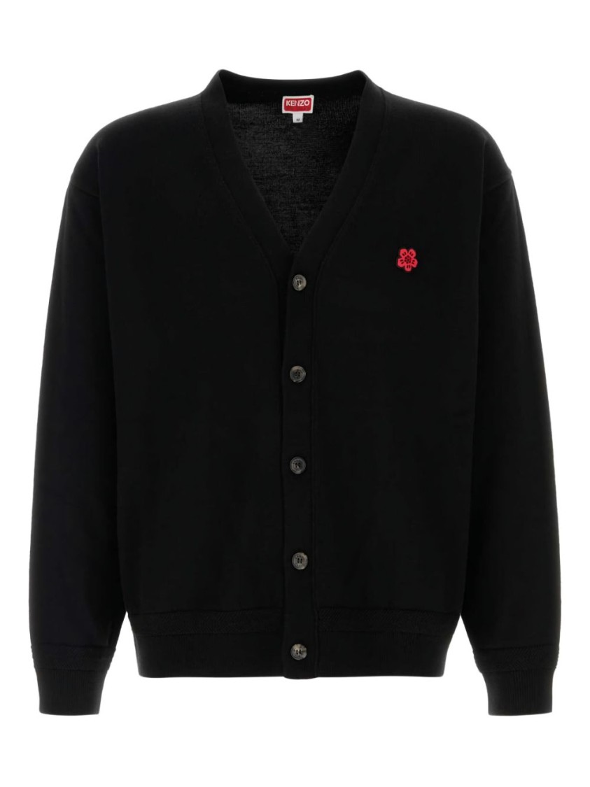 Kenzo Button-front Black Wool Cardigan With Embroidered Motif