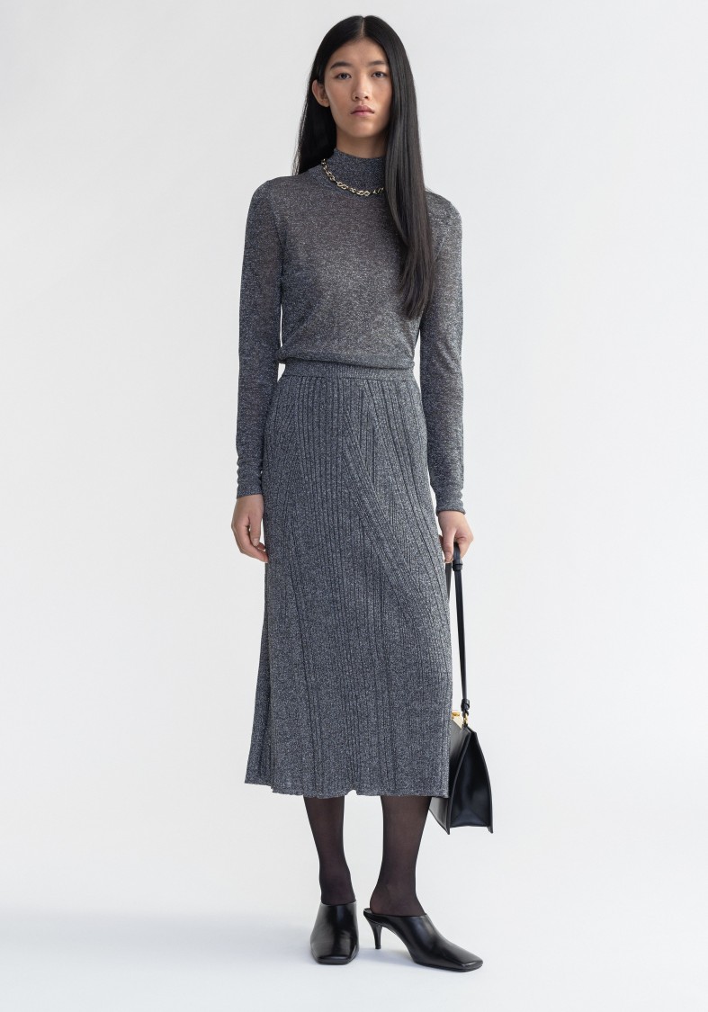 Shop Aeron Mossy - Sparkly Ribbed Midi Skirt In Grey