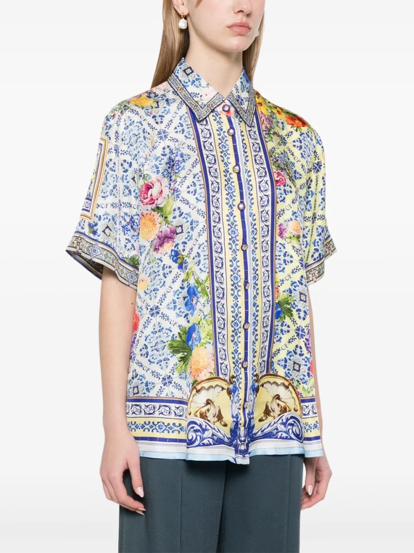 Shop Camilla Vibrant Floral Print Silk Shirt With Classic Collar