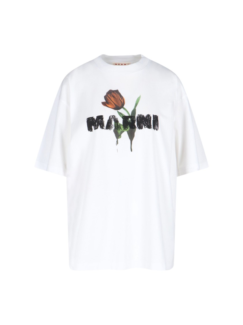 Marni White Crewneck T-shirt With Logo Lettering And Logo Print On The Front