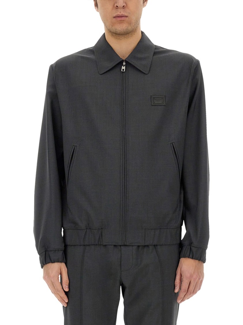 Dolce & Gabbana Men Wool Canvas Jacket With Plaque In Grey