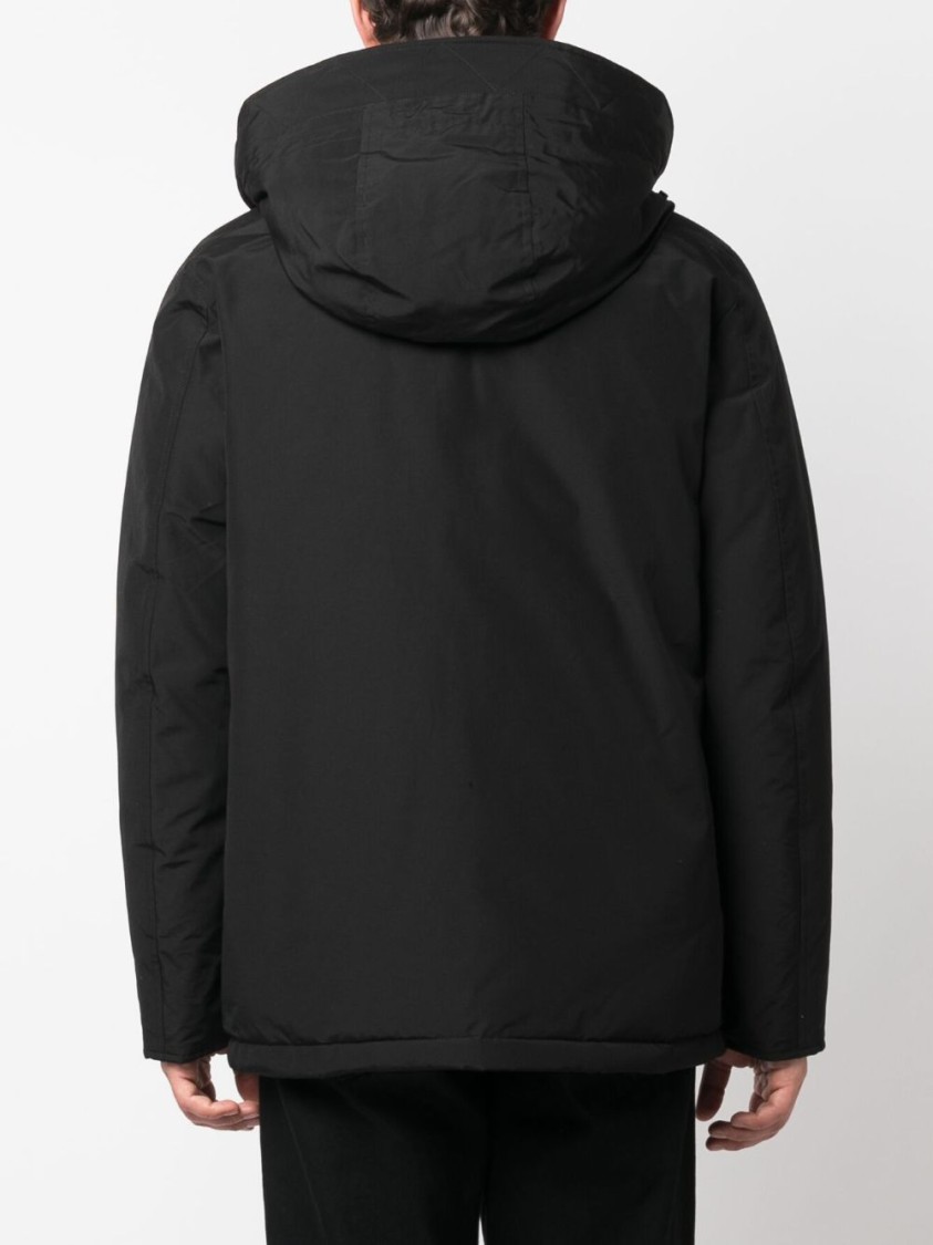 Woolrich Padded Jet Black Parka With Logo Print And Drawstring Hood In Black