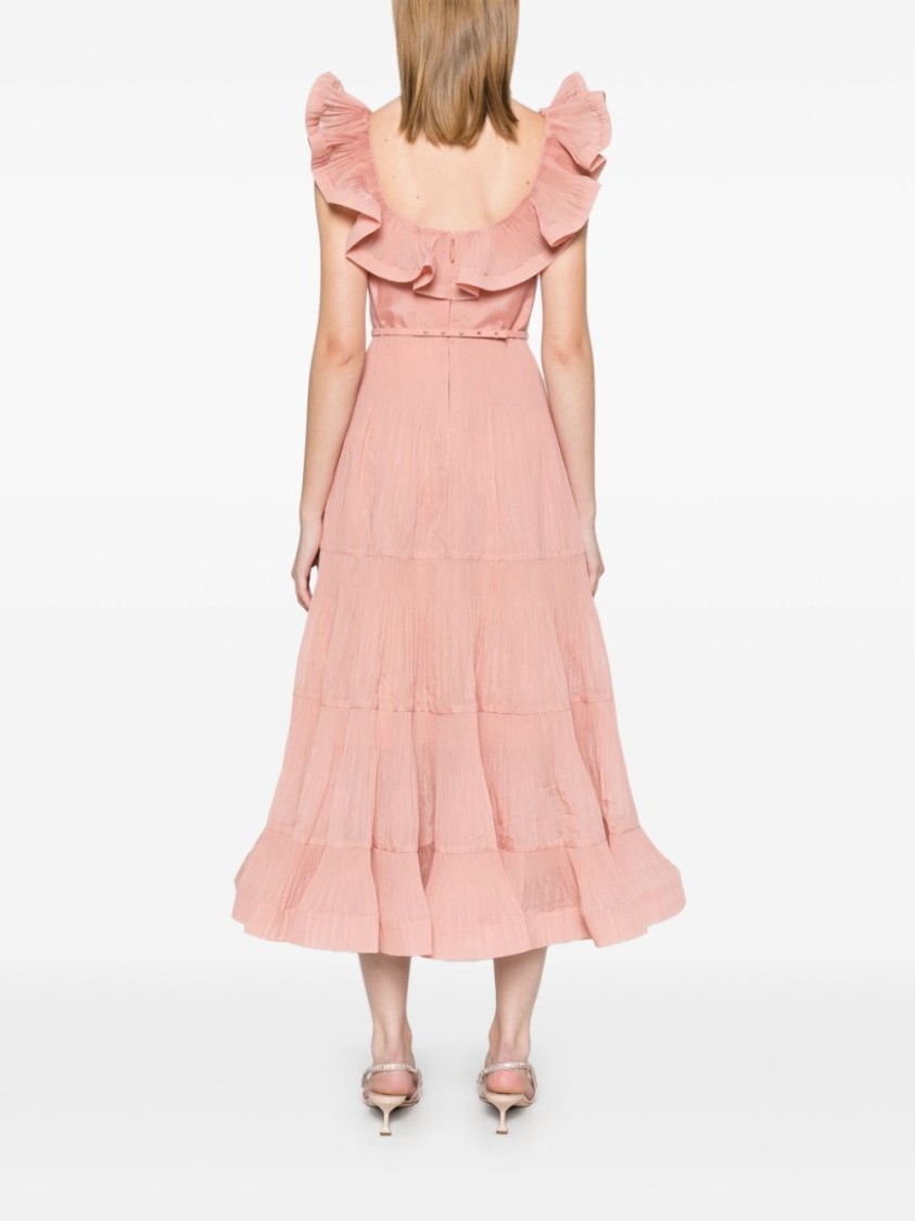 Shop Zimmermann Coral Pink Midi Dress With Pleated Skirt