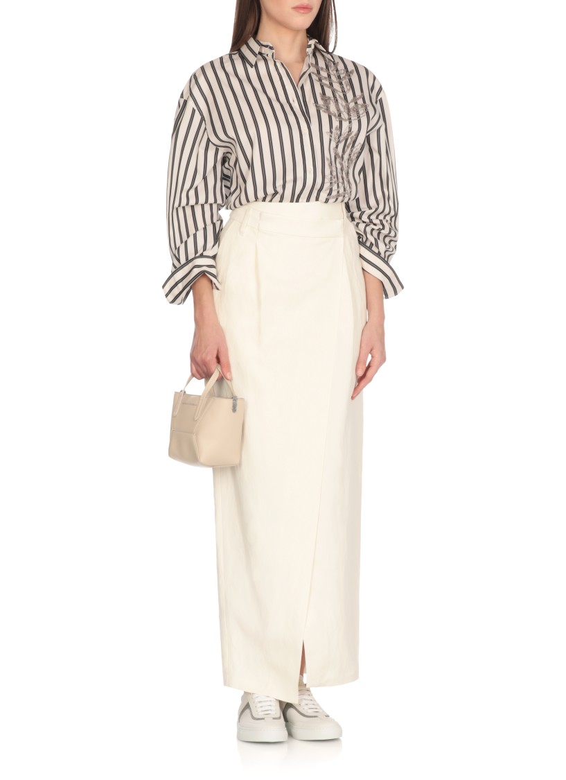 Brunello Cucinelli White Shirt With Floral Embroidery On The Front And All-over Striped Motif