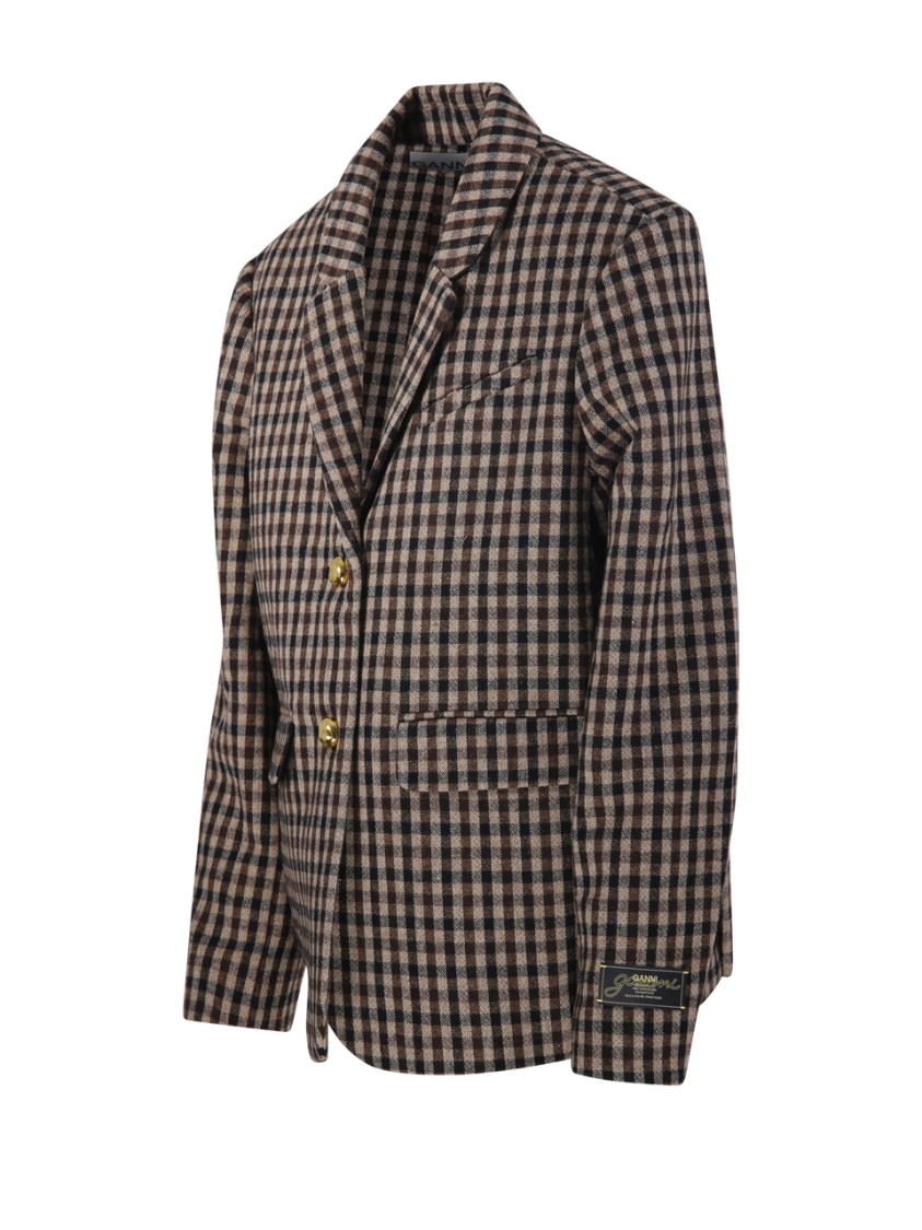 Ganni Check Wool Mix Oversized Blazer Jackets Brown In Multi
