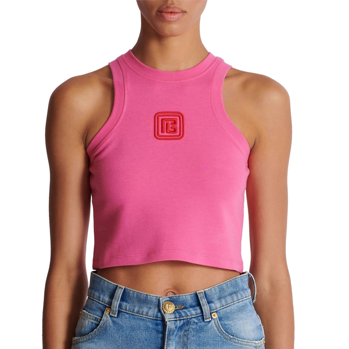 Balmain Cropped Tank Top With Retro Pb Embroidery In Pink