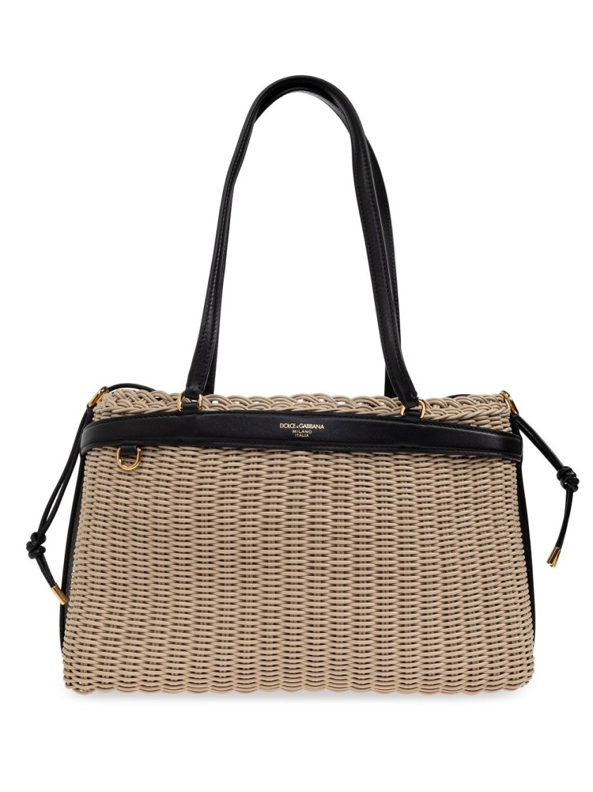 Dolce & Gabbana Woven Structured Handbag With Black Leather Accents In Neutrals