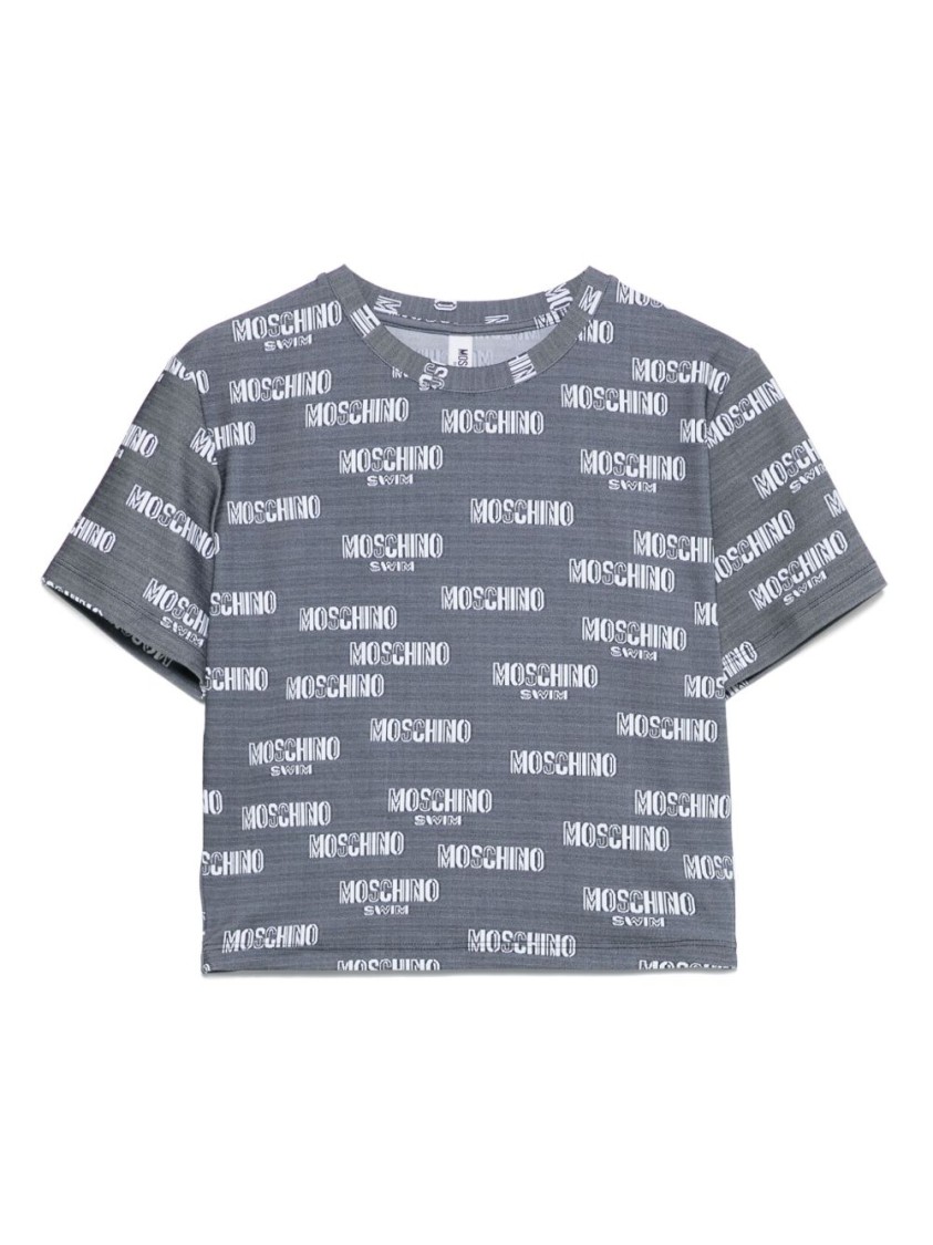 Moschino Cropped Grey T-shirt With Repeated Logo Print In Blue