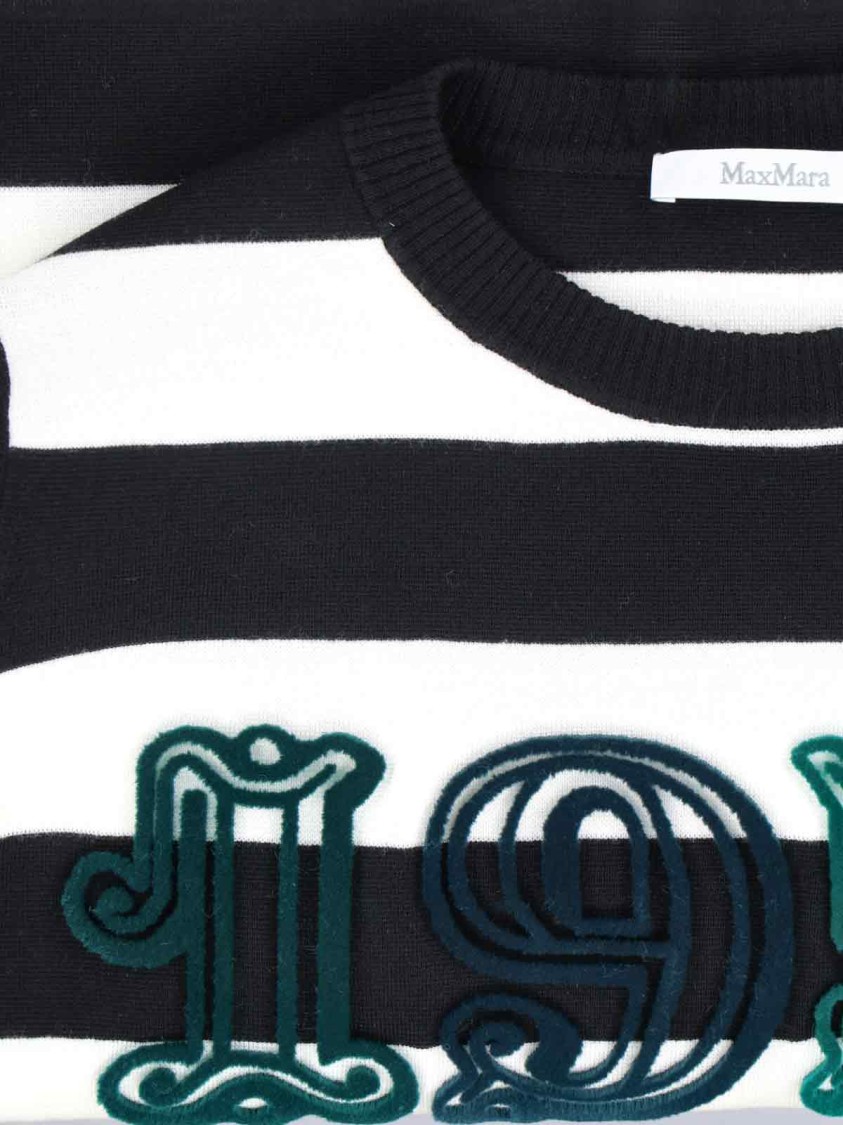 Max Mara Striped Cream Wool Sweater With Embroidered Logo Detail In Black