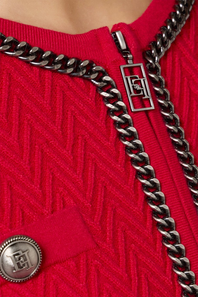 Elisabetta Franchi Textured Cropped Cardigan With Chain Detail In Red