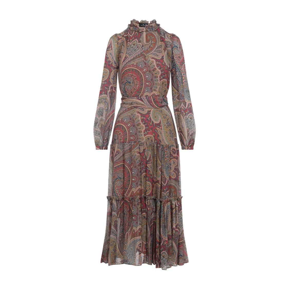 Etro High Neck Ruffle Maxi Dress With Paisley Print In Multi