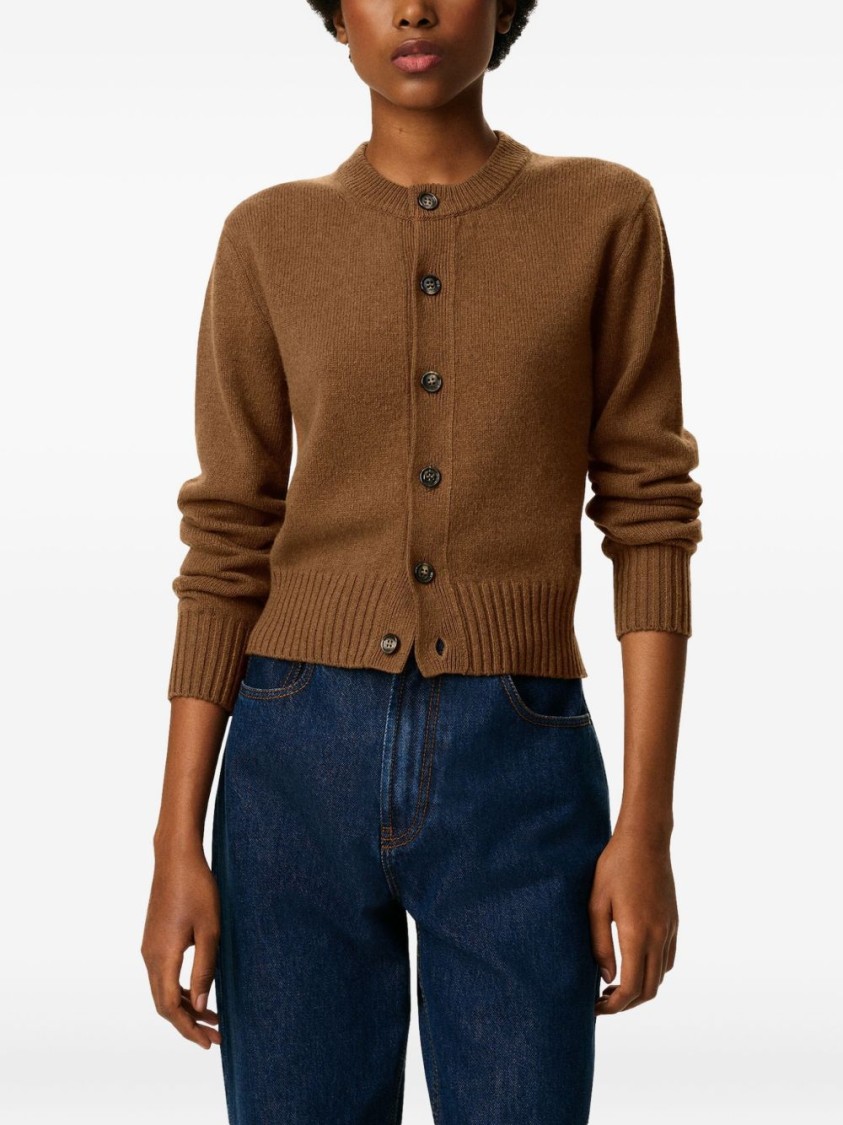 Ami Alexandre Mattiussi Ami Cropped Brown Wool Cardigan With Crew Neck And Ami De Coeur Embroidery In Brown