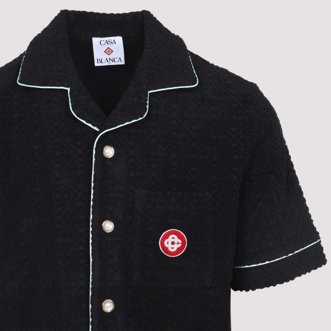 Casablanca Black Shirt With Classic Lapels And All-over Embossed Monogram In Blue