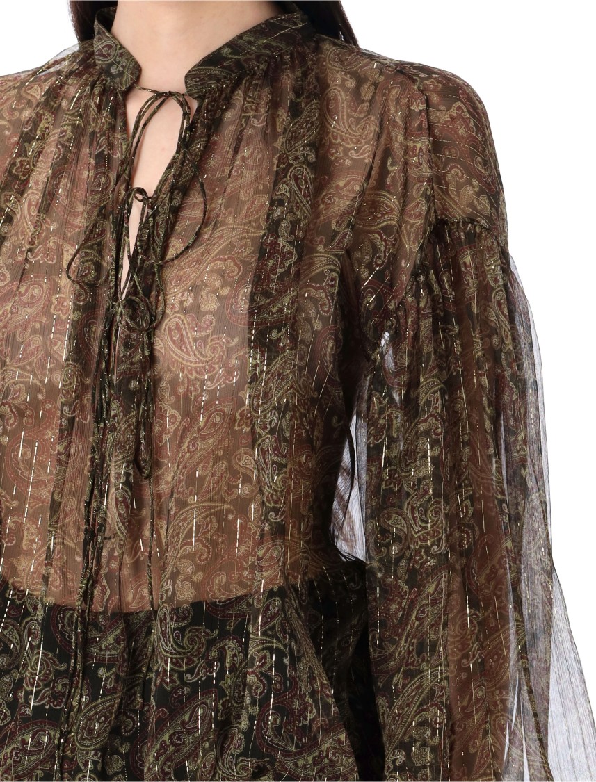 Saint Laurent Semi-sheer Cashmere Print Blouse With Band Collar