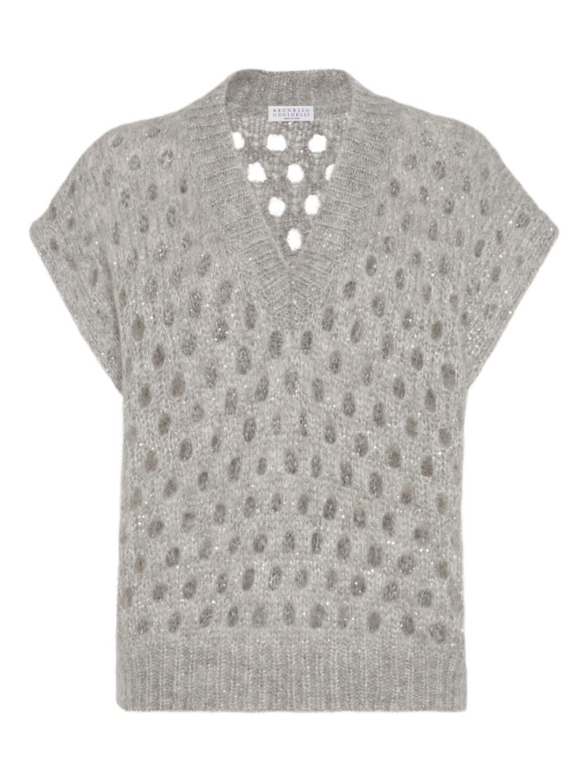Brunello Cucinelli Open-knit Short Sleeve Sweater With V-neckline In Gray