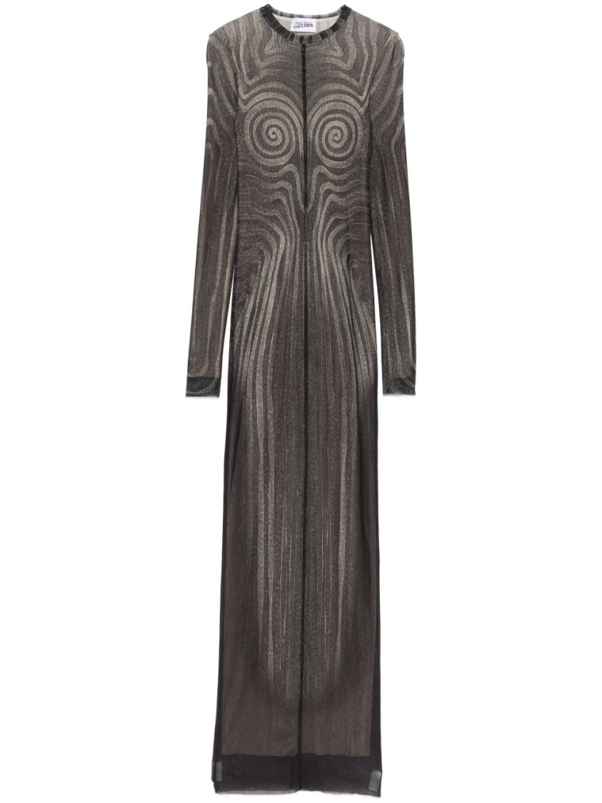 Jean Paul Gaultier Printed Spiraral Long Dress Woman Black In Black