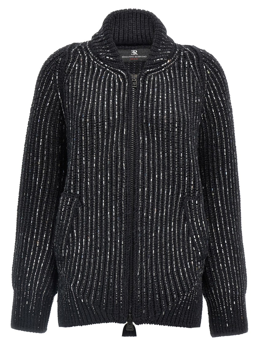 Ermanno Scervino Rhinestone-embellished Merino Wool Knit Cardigan In Black