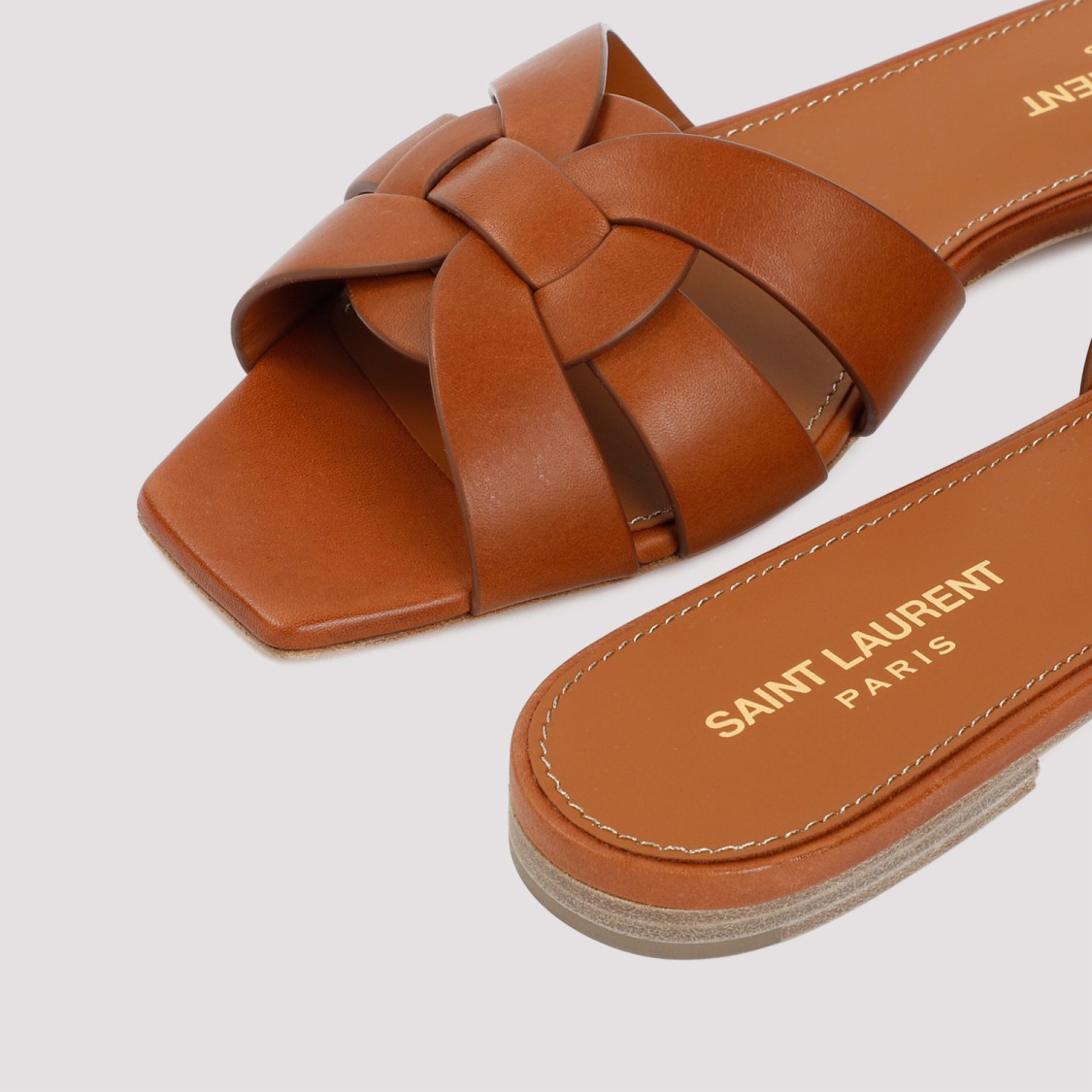 Saint Laurent Woven Leather Sandal Slide In Brown
