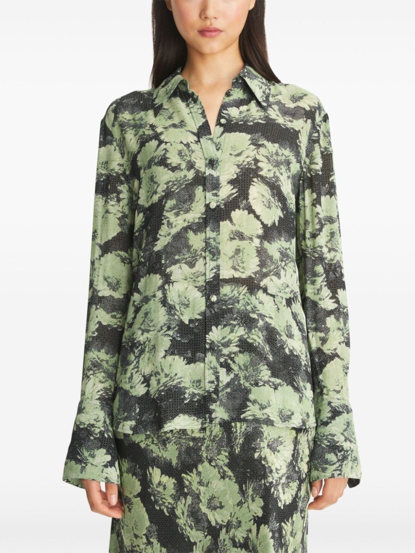 Tory Burch Green Floral Print Shirt In Green