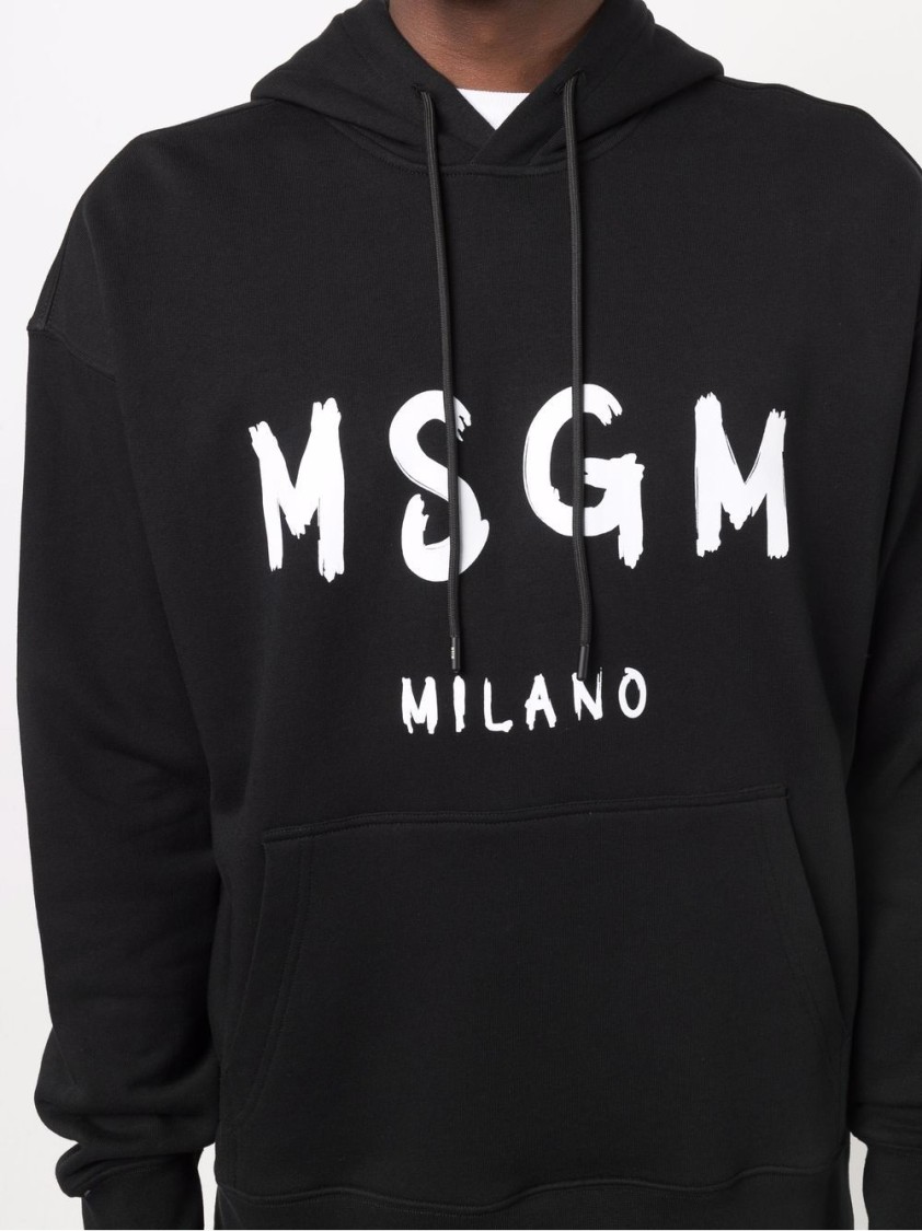 Msgm Logo Print Cotton Hoodie In Black