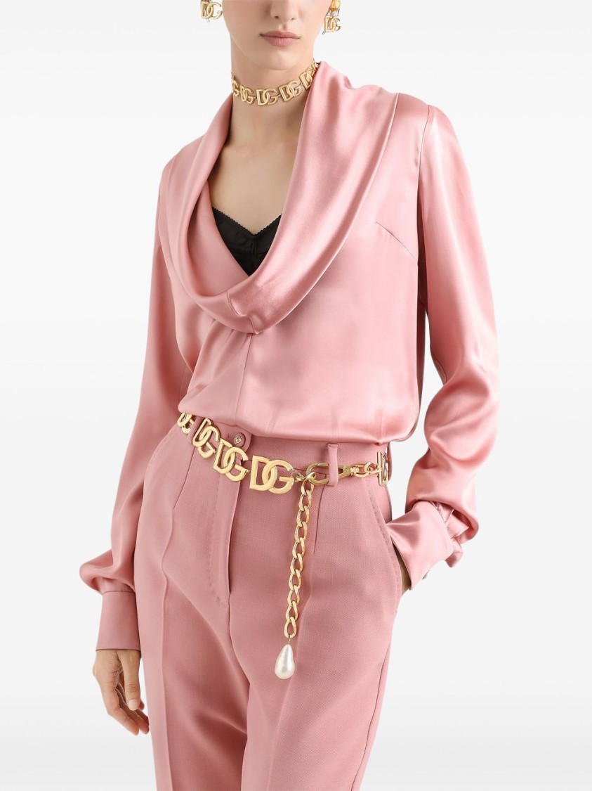 Shop Dolce & Gabbana Draped Cowl Neck Silk Blouse In Pink