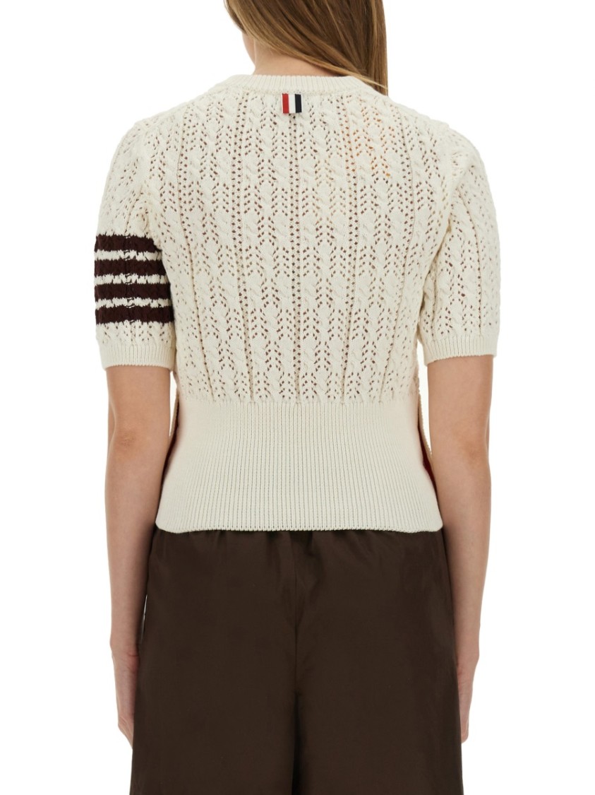 Thom Browne Womens White Pointelle Cable-knit Cotton T-shirt