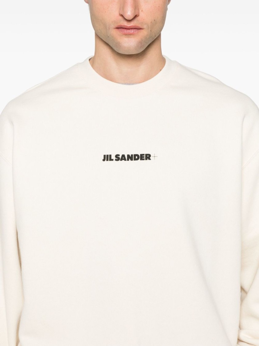 Jil Sander Cotton Sweatshirt In Cream With Logo Print In Neutrals