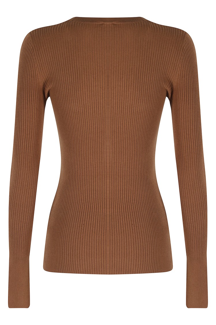 Elisabetta Franchi V-neck Tricot Sweater With Gold Accents And Pocket Detail In Brown