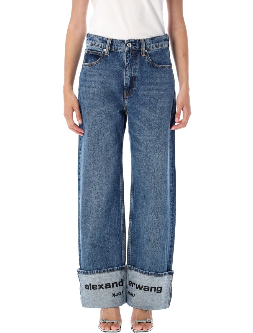 Alexander Wang Mid Rise Straight Jean With Embroidered Cuff In Blue