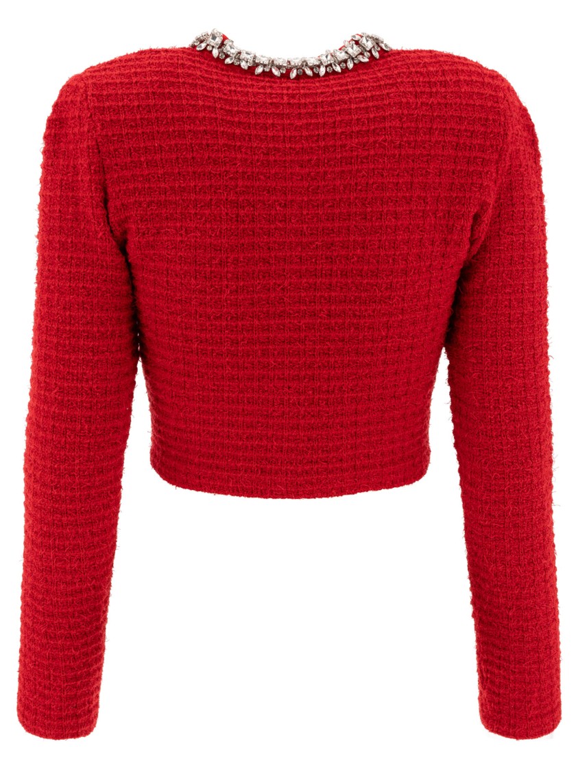 Self-portrait Cropped Textured Knitwear With Crystal Embellishments In Red
