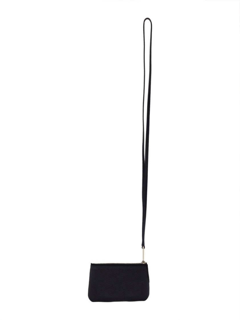 Ferragamo Leather Card Holder With Convenient Strap In Black