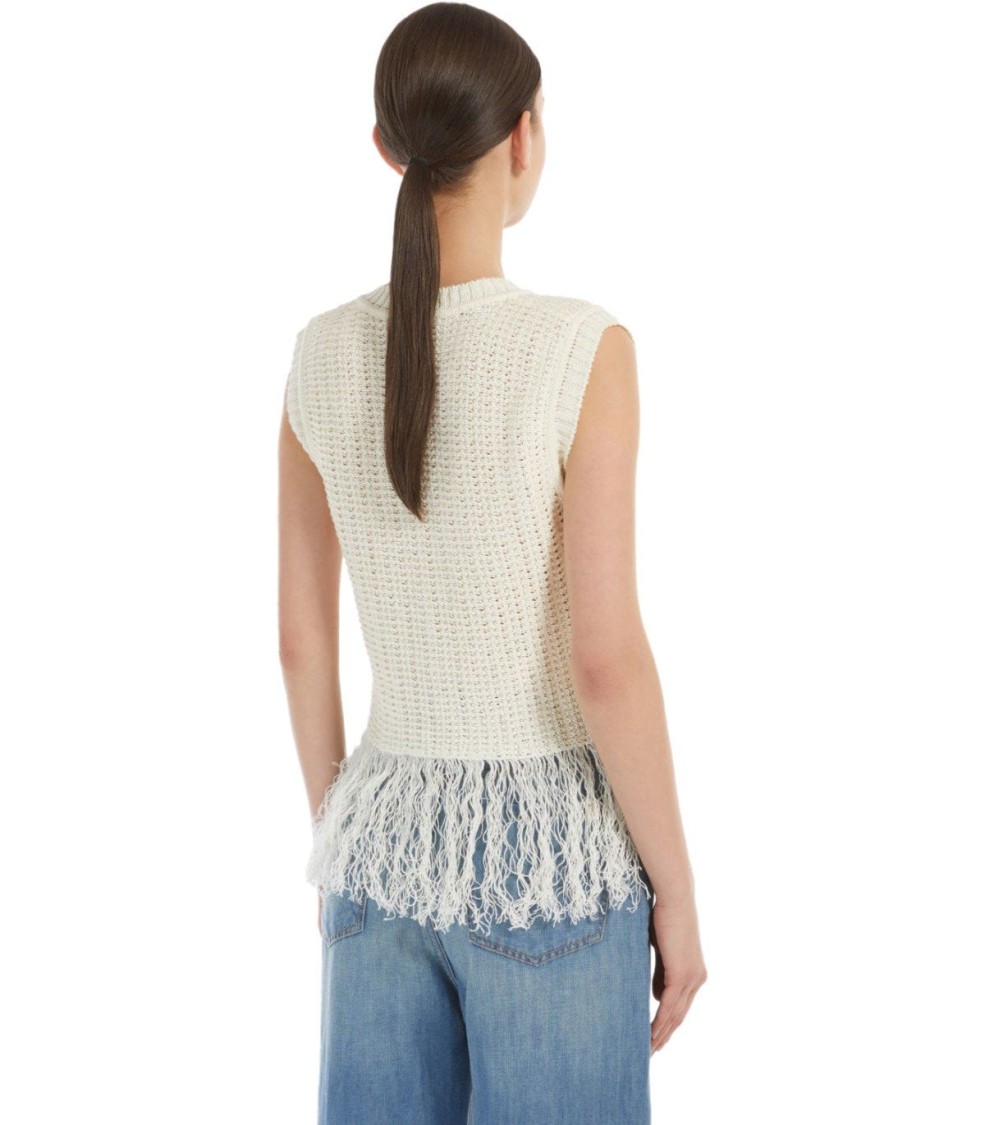 Max Mara Navetta White Fringed Top In Neutral