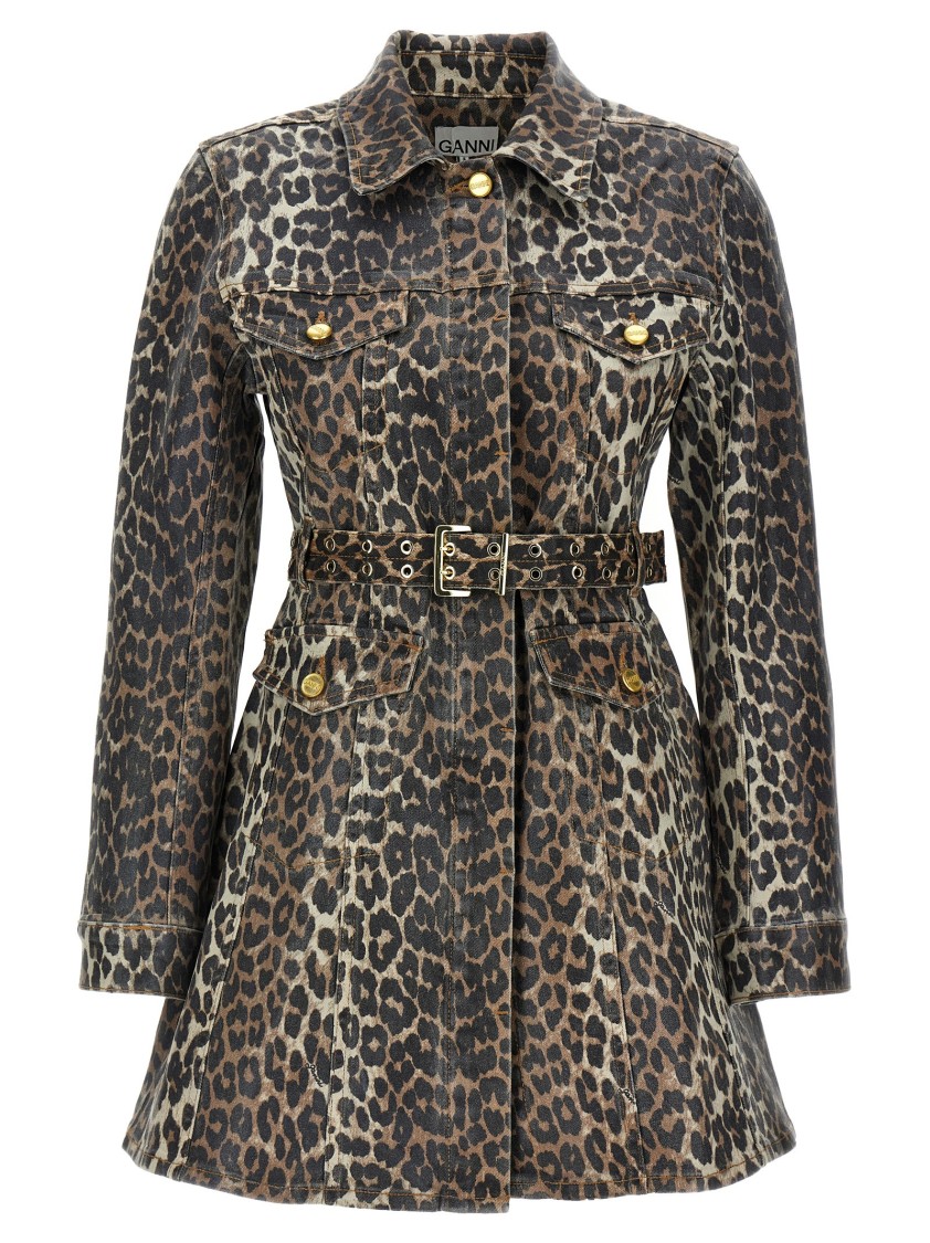 Ganni Leopard Print Cotton Denim Mini Dress In Brown