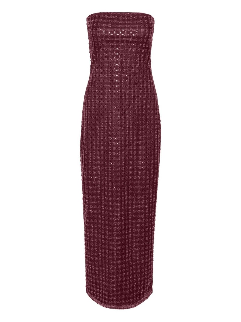 Rotate Birger Christensen Rotate Floor-length Burgundy Strapless Evening Dress With Sequined Detailing In Burgundy