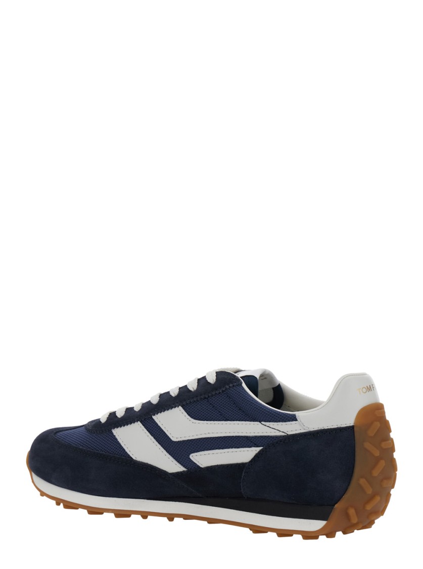 Shop Tom Ford Navy Suede And Mesh Sneakers With Contrast Stripes In Blue
