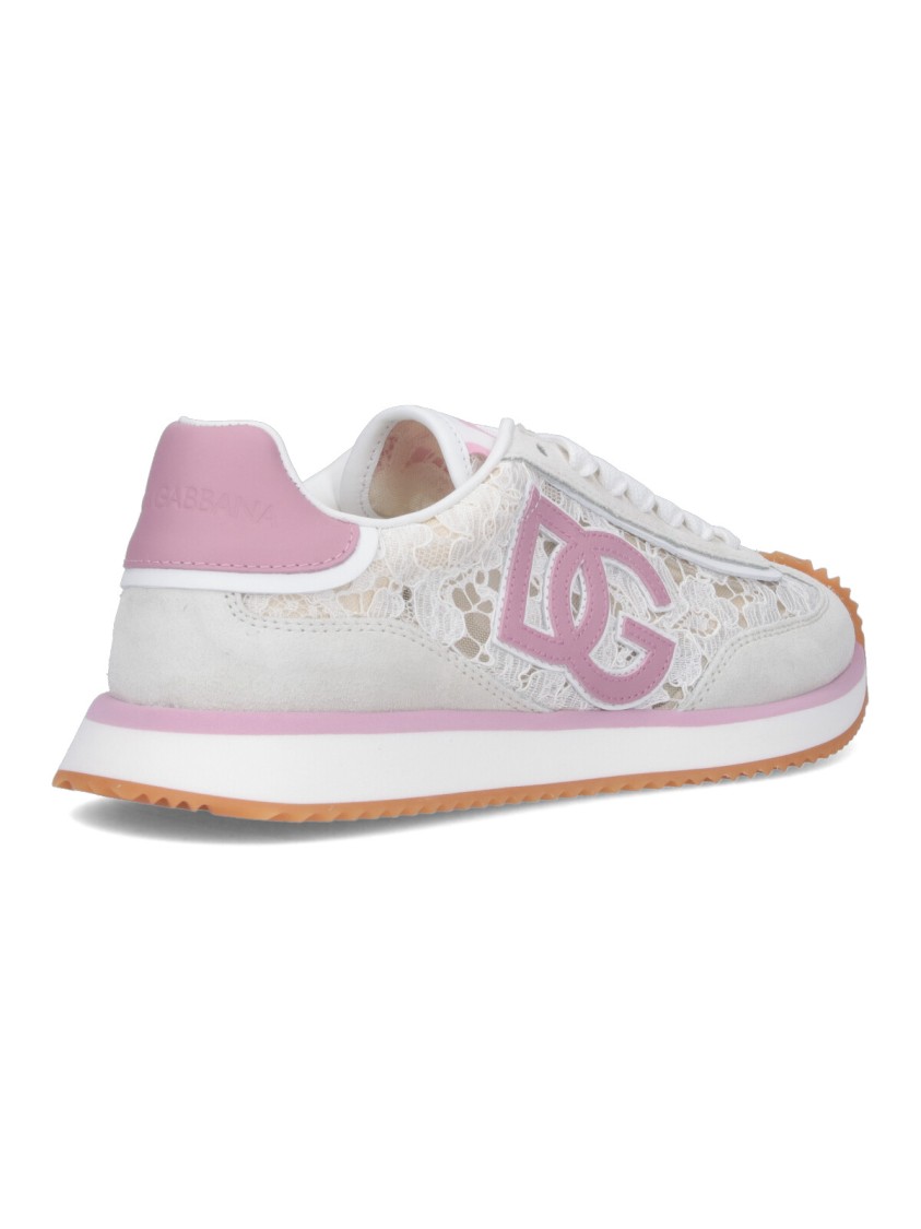 Dolce & Gabbana White Low Top With Lace Details And Dg Patch On The Side In Fabric And Suede Blend Woman In Multi